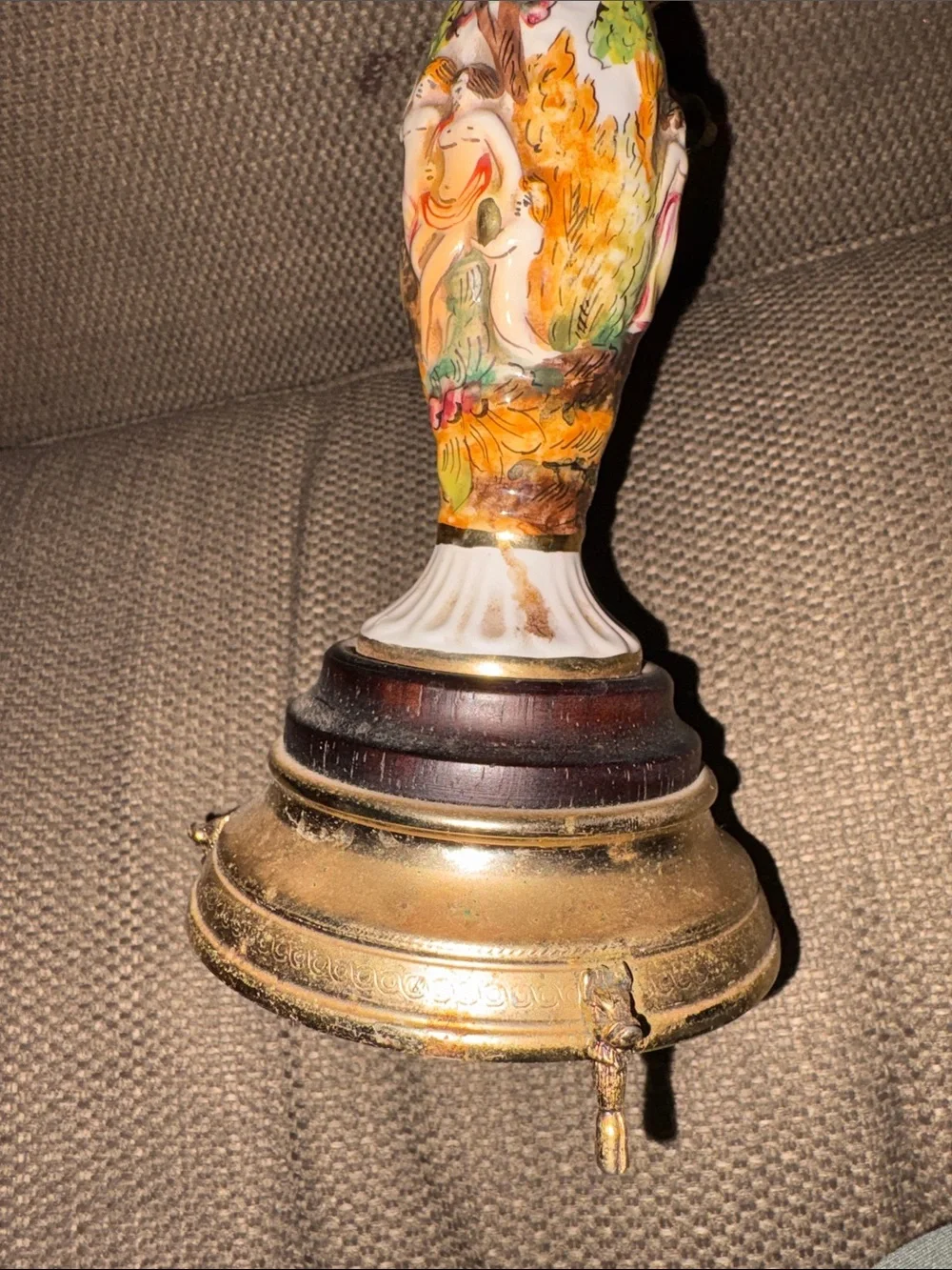 Rare find vintage Capodimonte musical pepper grinder.  Porcelain brass & wood.
